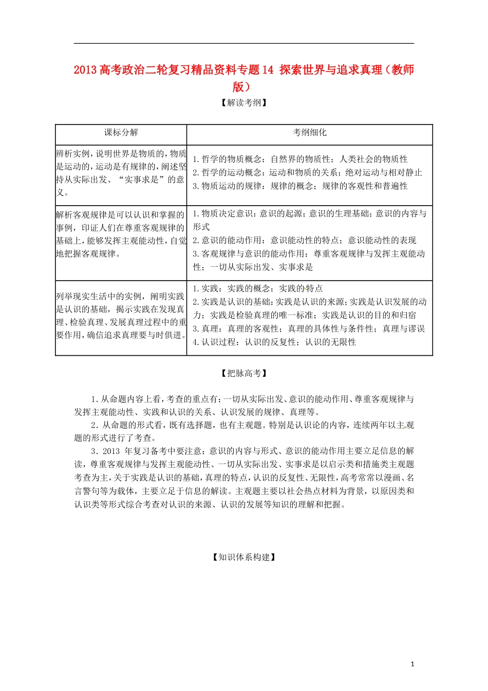 2013年高考政治二轮复习精品资料专题14 探索世界与追求真理（教师版）_第1页