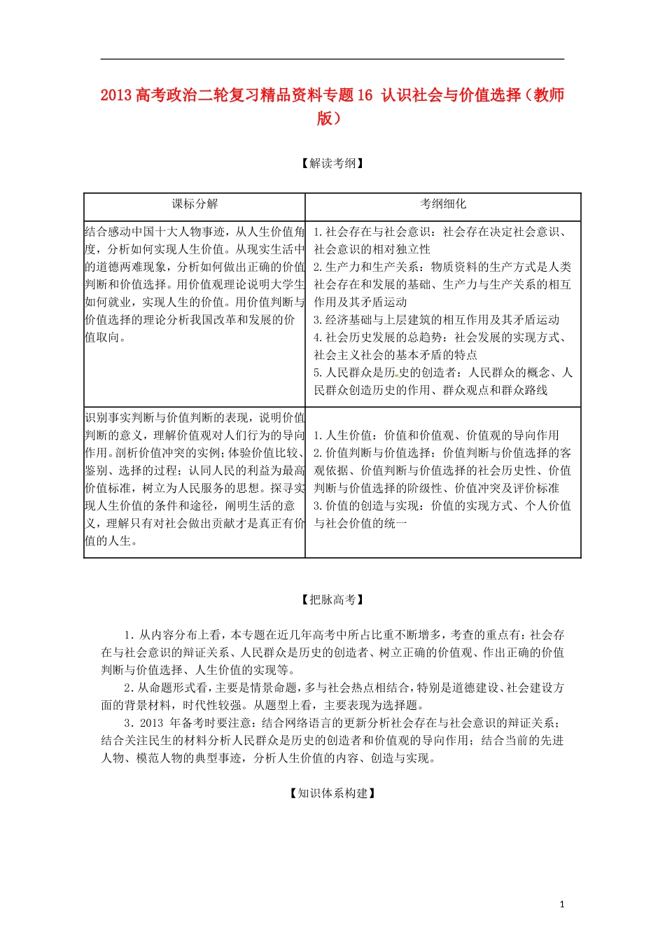 2013年高考政治二轮复习精品资料专题16 认识社会与价值选择（教师版）_第1页