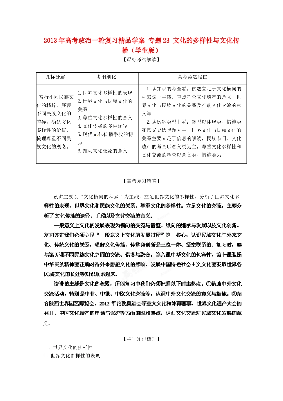 2013年高考政治一轮复习精品学案 专题23 文化的多样性与文化传播（学生版）_第1页