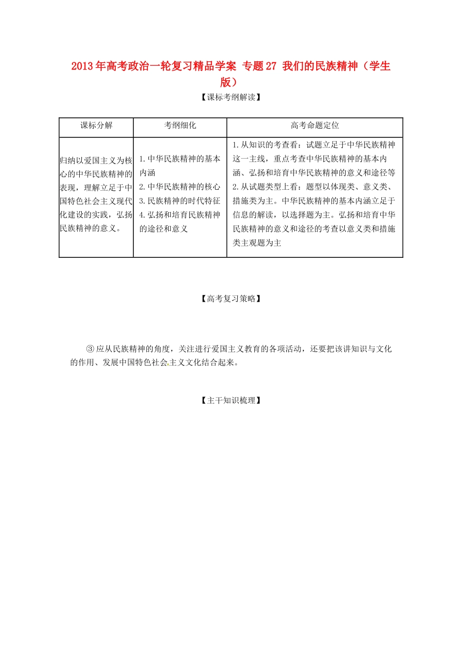 2013年高考政治一轮复习精品学案 专题27 我们的民族精神（学生版）_第1页