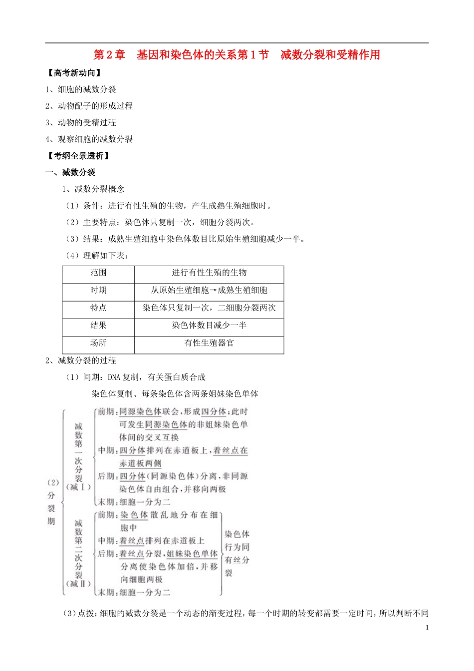 2013版高考生物一轮精品复习 2.1 减数分裂和受精作用学案 新人教版必修2_第1页