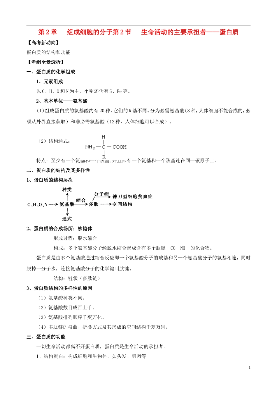 2013版高考生物一轮精品复习 2.2 生命活动的主要承担者 蛋白质学案 新人教版必修1_第1页