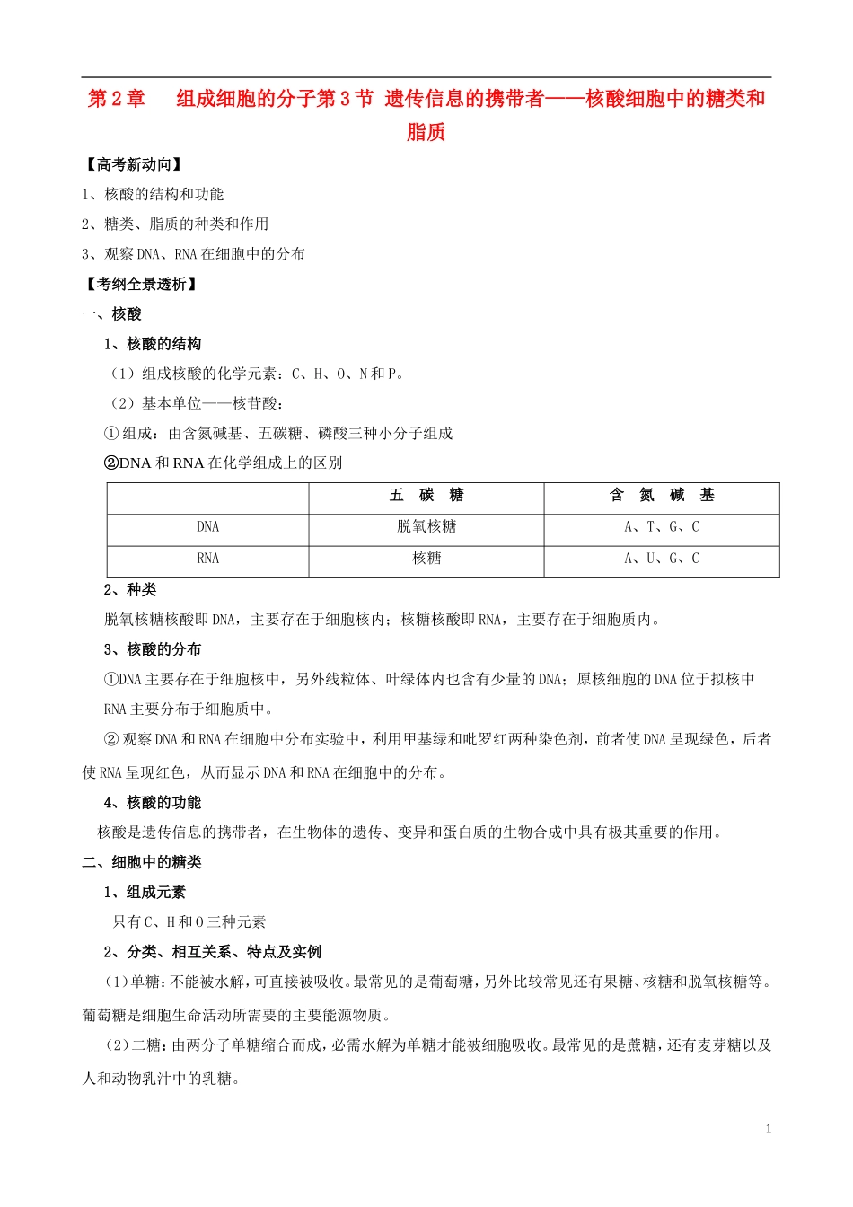 2013版高考生物一轮精品复习 2.3 遗传信息的携带者 核酸 细胞中的糖类和脂质学案 新人教版必修1_第1页