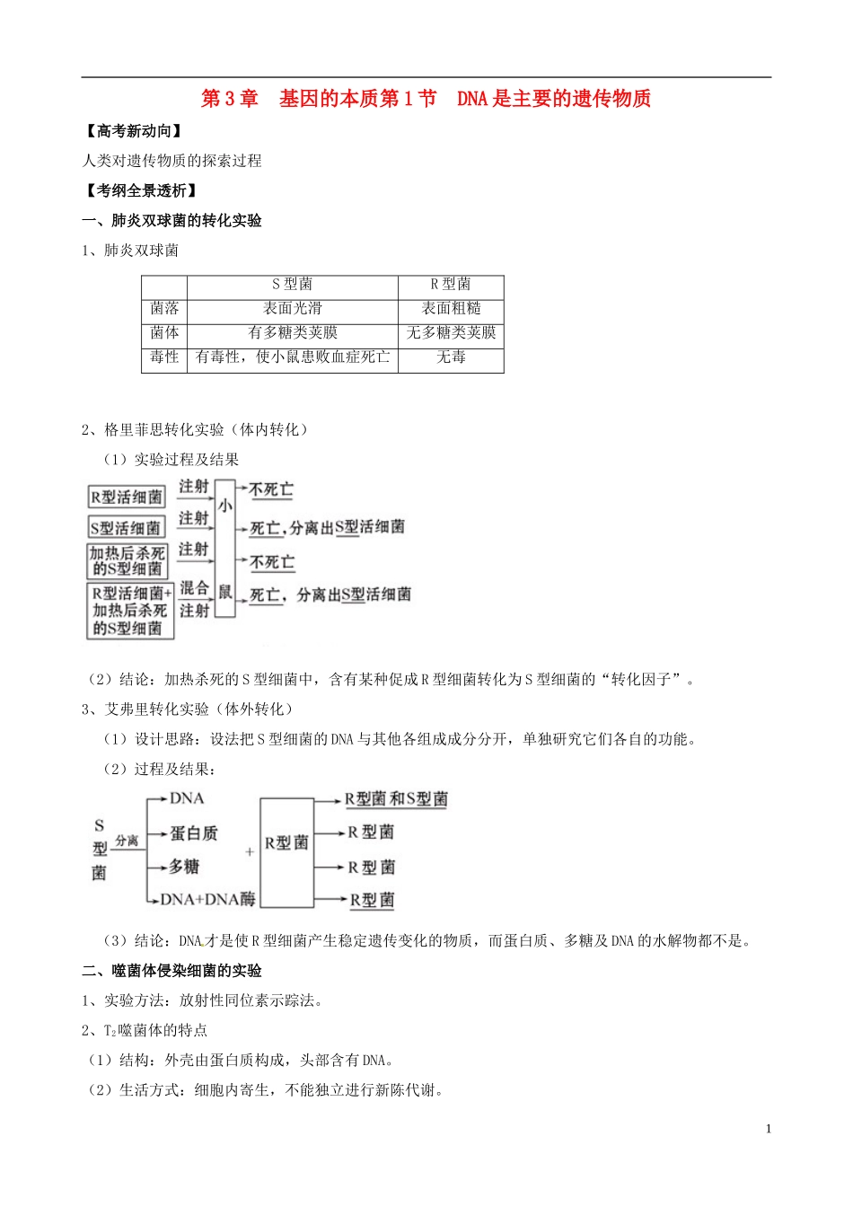2013版高考生物一轮精品复习 3.1 DNA是主要的遗传物质学案 新人教版必修2_第1页