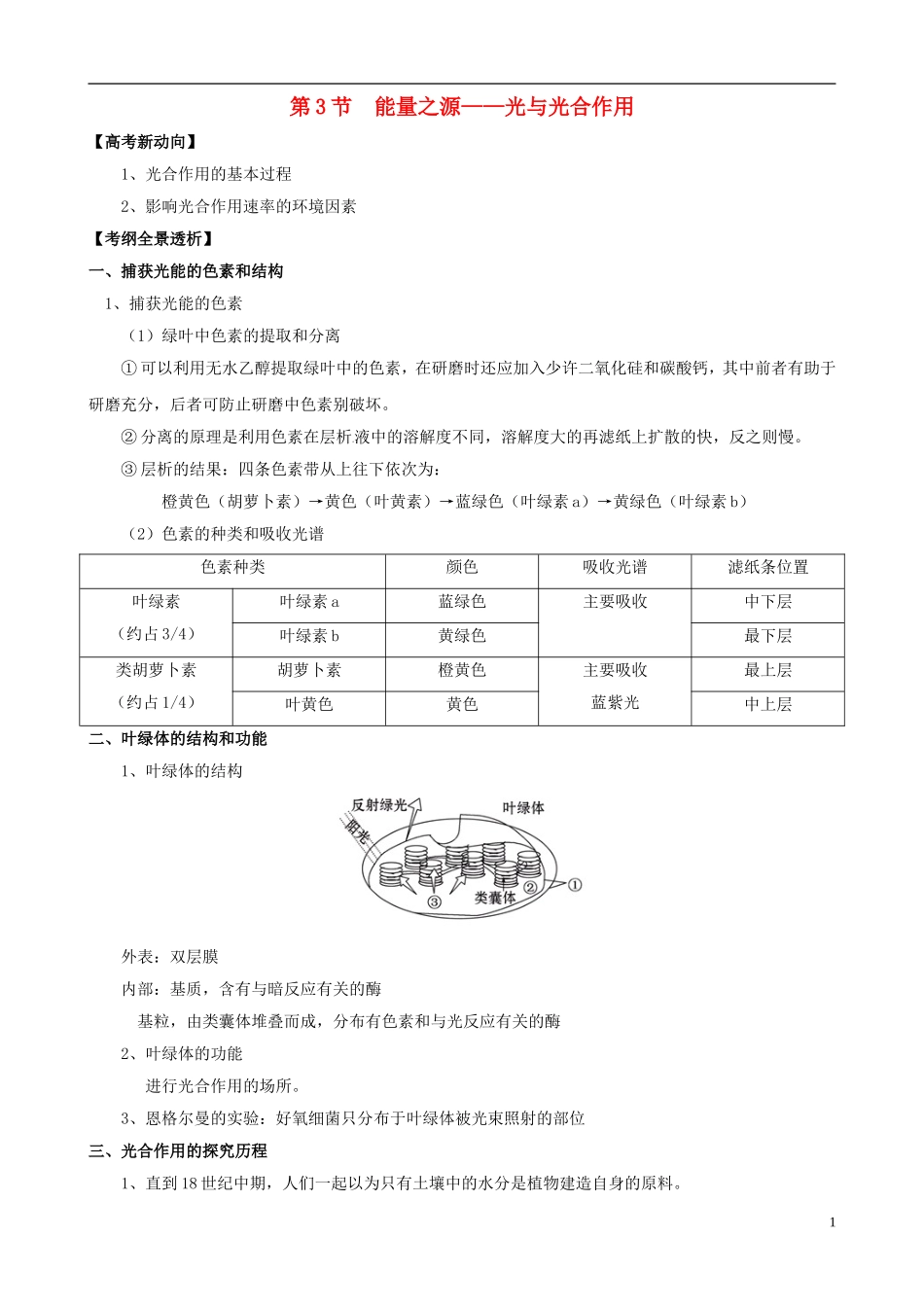 2013版高考生物一轮精品复习 5.3 能量之源 光与光合作用学案 新人教版必修1_第1页
