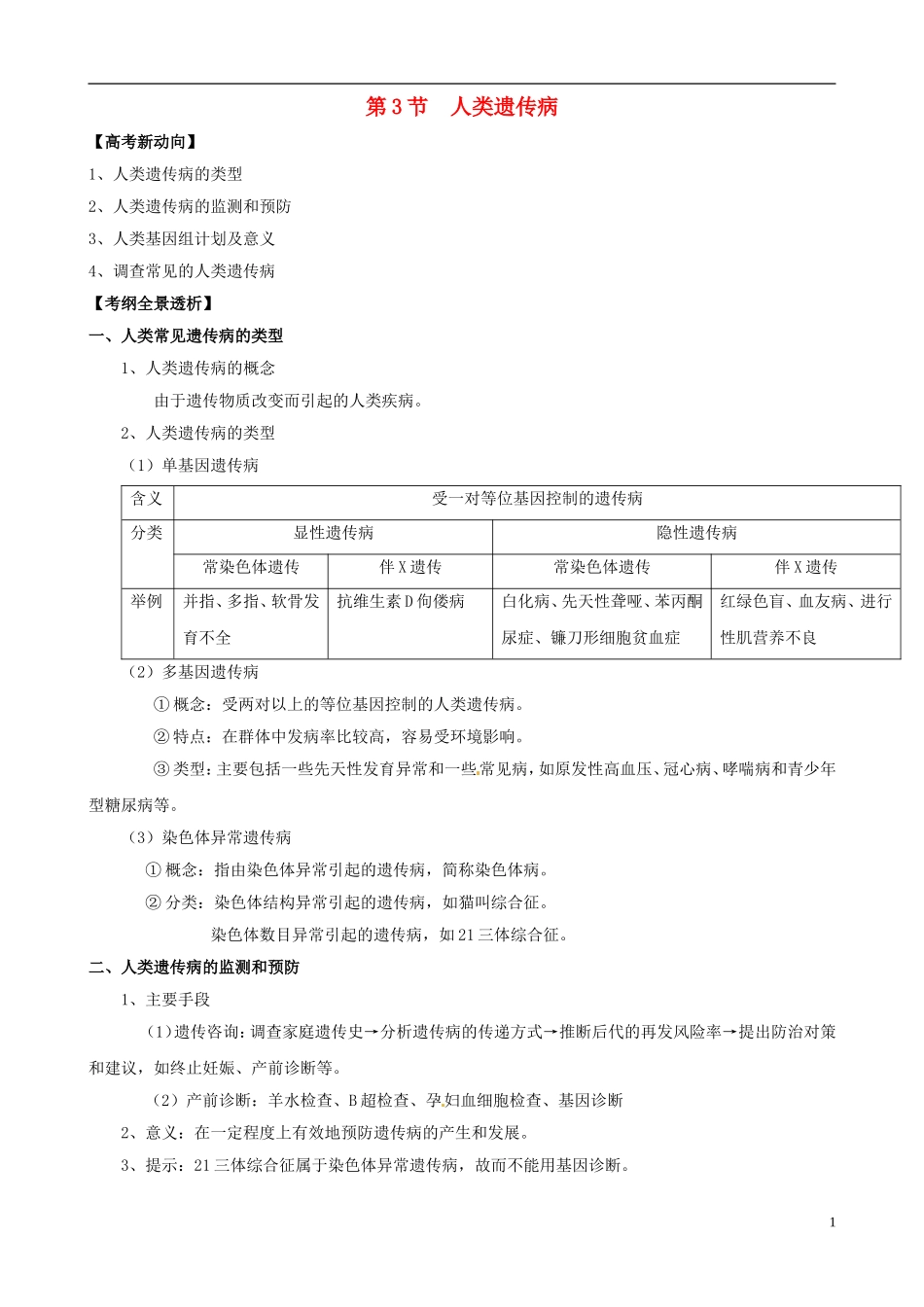 2013版高考生物一轮精品复习 5.3 人类遗传病学案 新人教版必修2_第1页