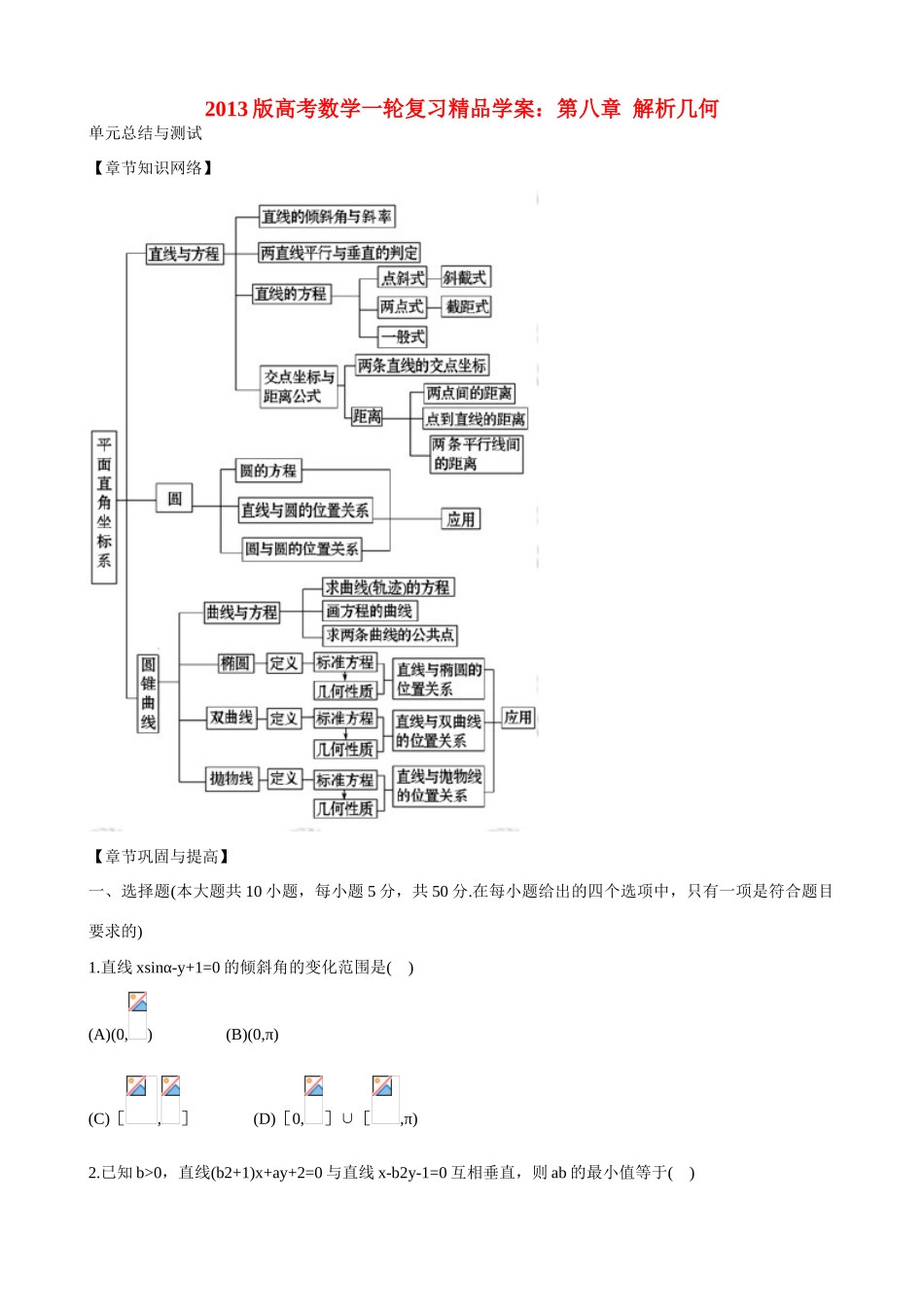 2013版高考数学一轮复习 第八章 平面解析几何（单元总结与测试）精品学案 新人教版_第1页