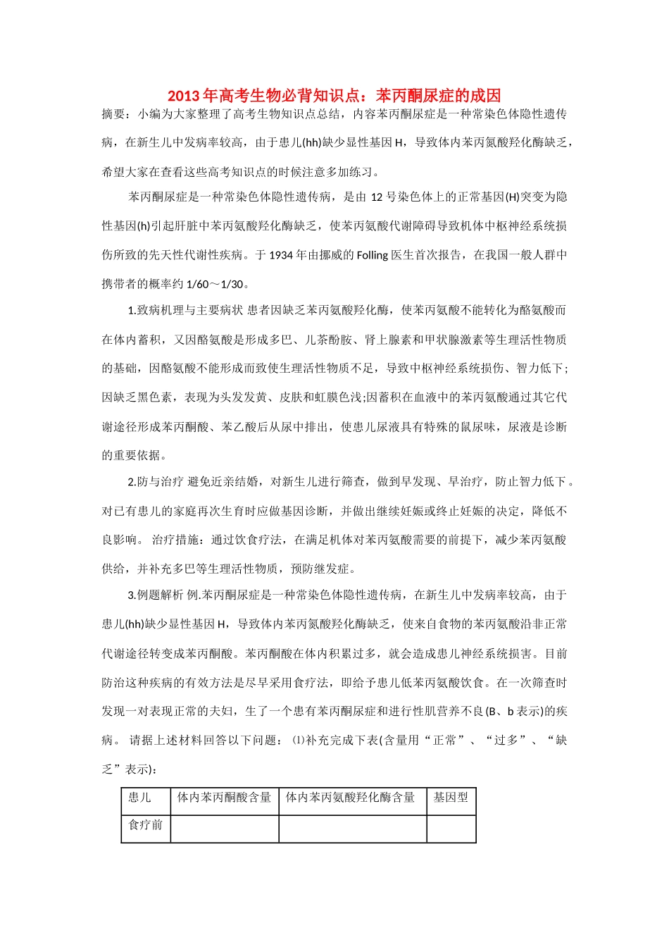 2013年高考生物 必背知识点 苯丙酮尿症的成因_第1页