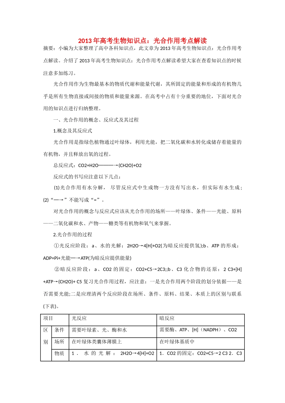 2013年高考生物 必背知识点 光合作用考点解读_第1页