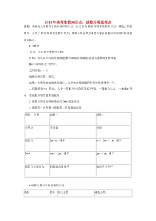 2013年高考生物 必背知识点 减数分裂重难点