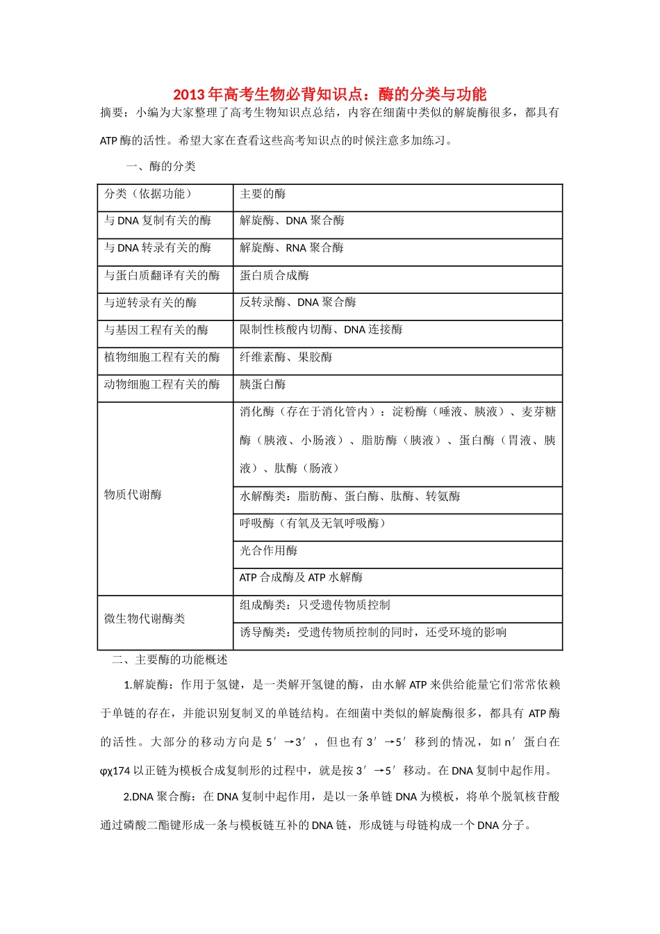 2013年高考生物 必背知识点 酶的分类与功能_第1页