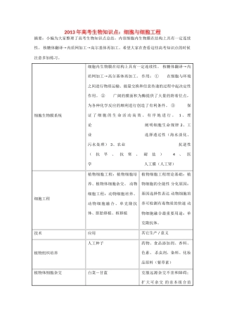 2013年高考生物 必背知识点 细胞与细胞工程