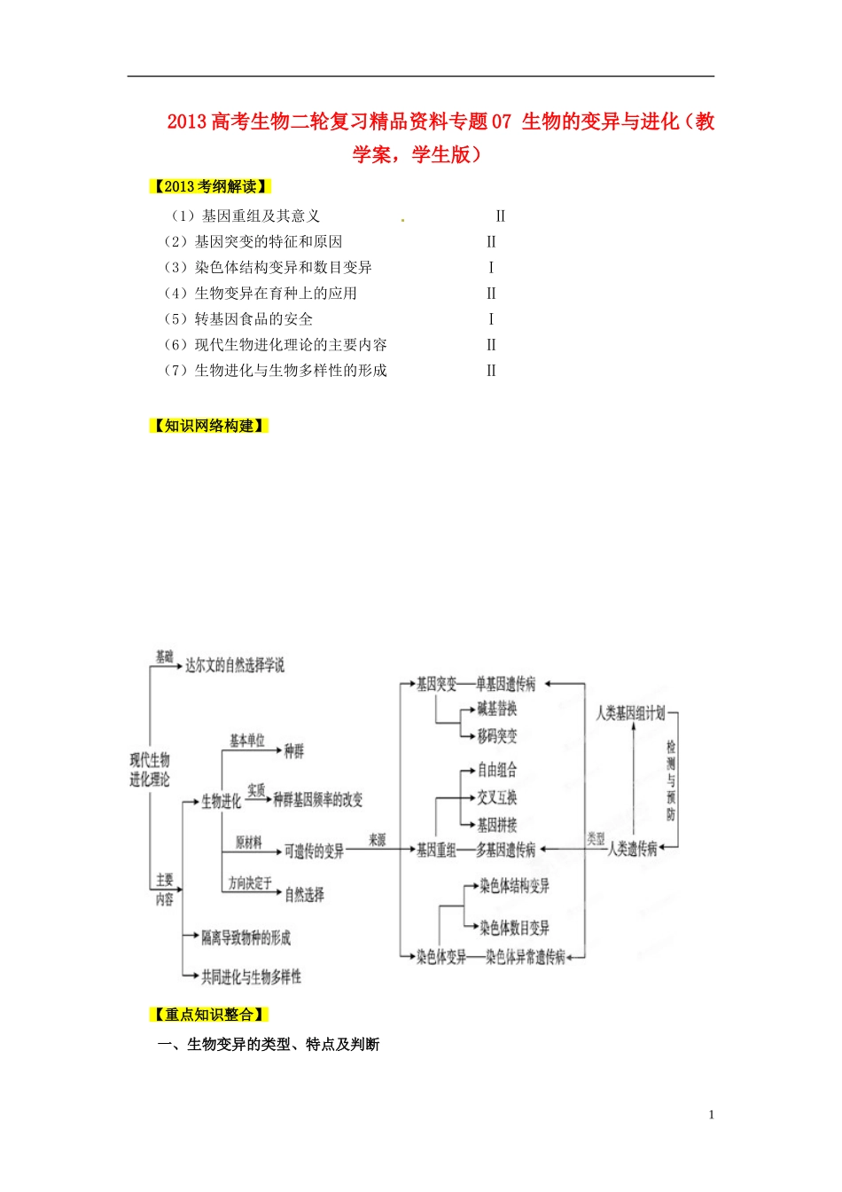 2013年高考生物二轮复习 精品资料专题07 生物的变异与进化教学案（学生版）_第1页