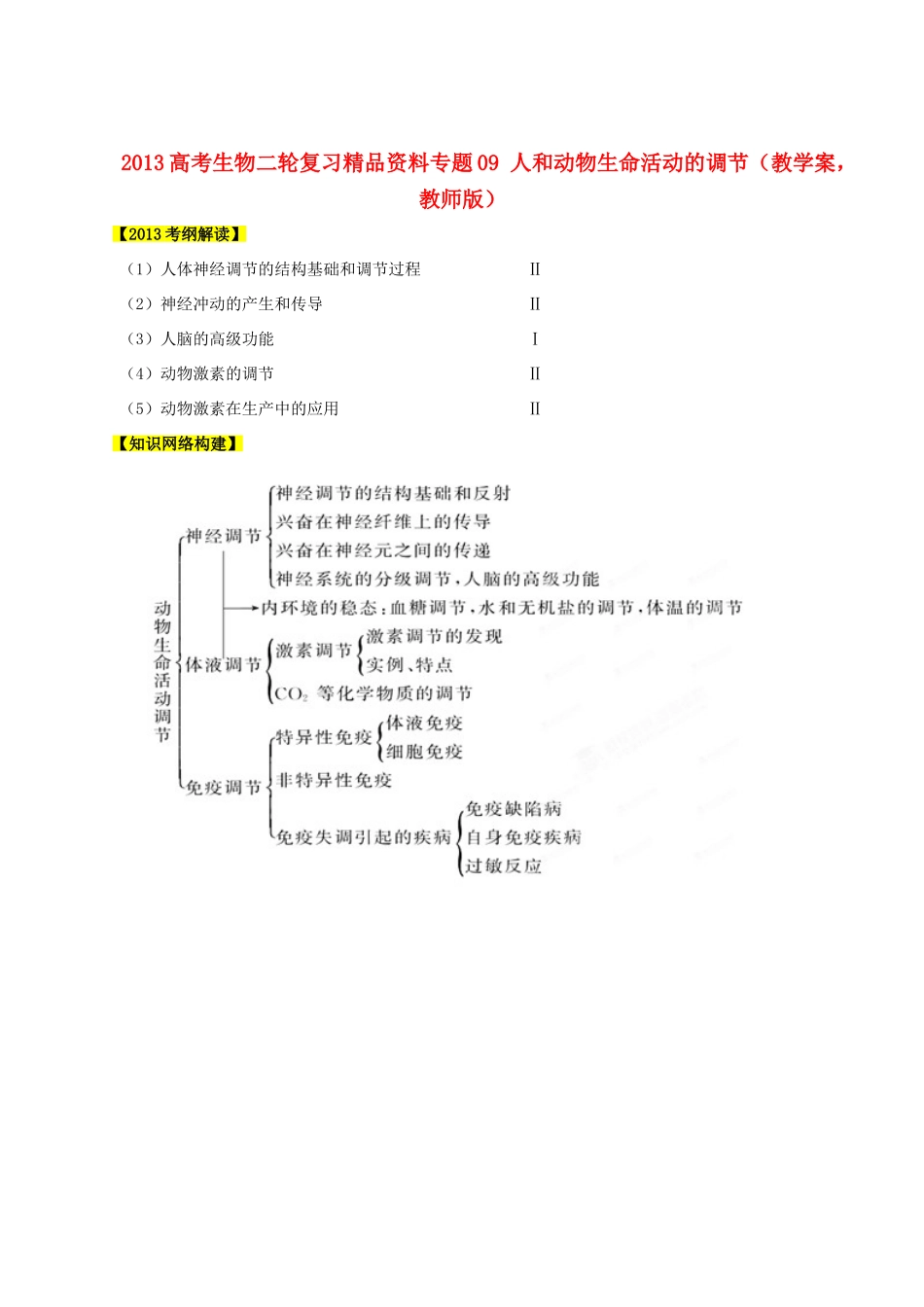 2013年高考生物二轮复习 精品资料专题09 人和动物生命活动的调节教学案（教师版）_第1页