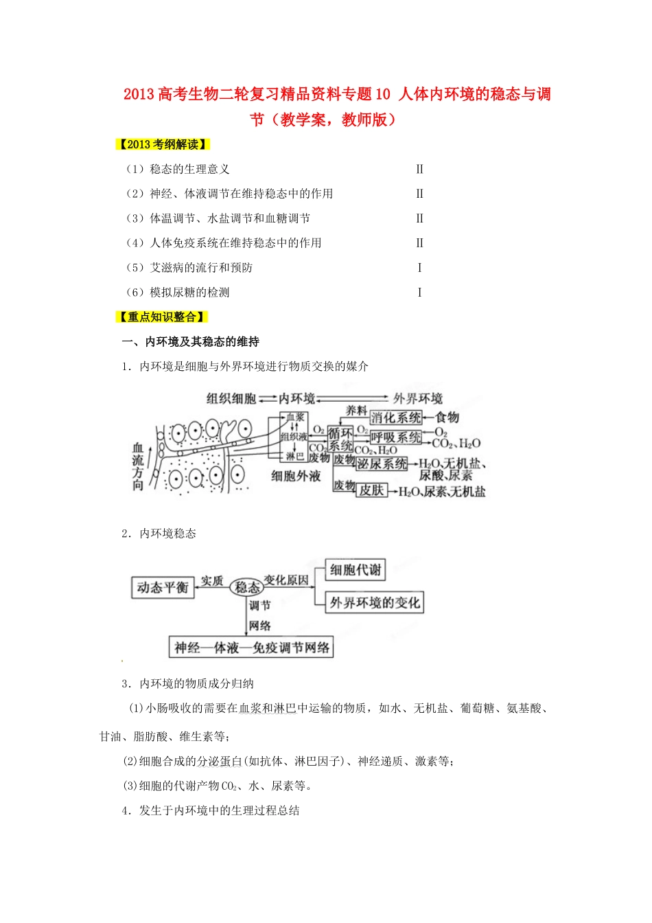 2013年高考生物二轮复习 精品资料专题10 人体内环境的稳态与调节教学案（教师版）_第1页
