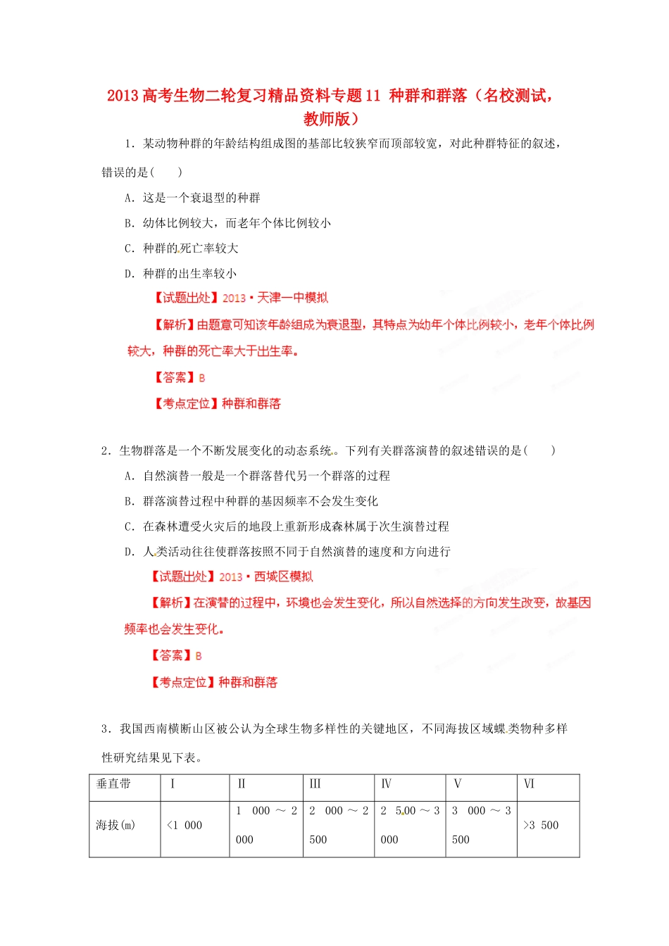 2013年高考生物二轮复习 精品资料专题11 种群和群落名校测试（教师版）_第1页