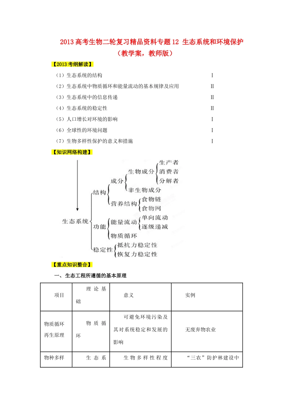 2013年高考生物二轮复习 精品资料专题12 生态系统和环境保护教学案（教师版）_第1页
