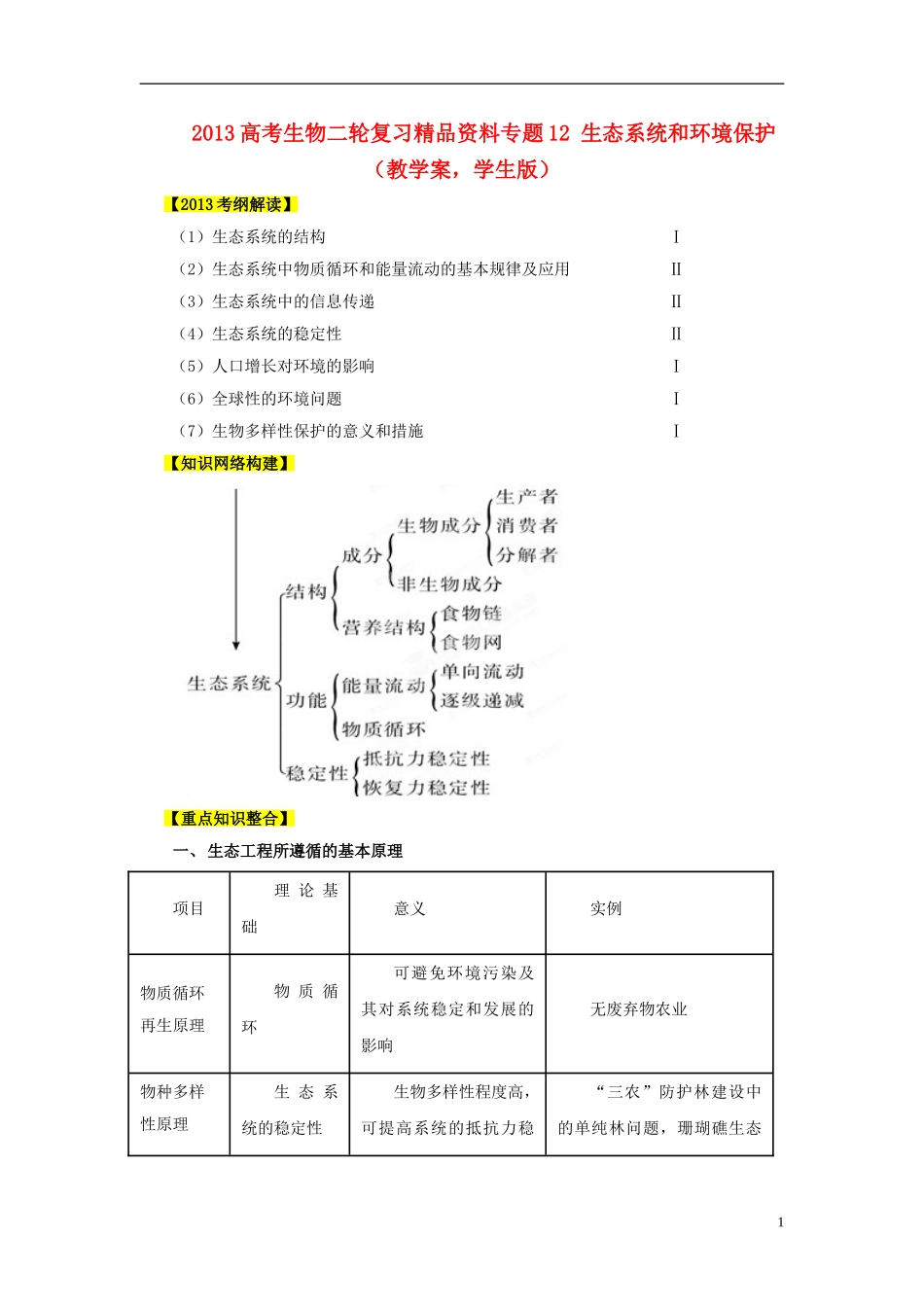 2013年高考生物二轮复习 精品资料专题12 生态系统和环境保护教学案（学生版）_第1页