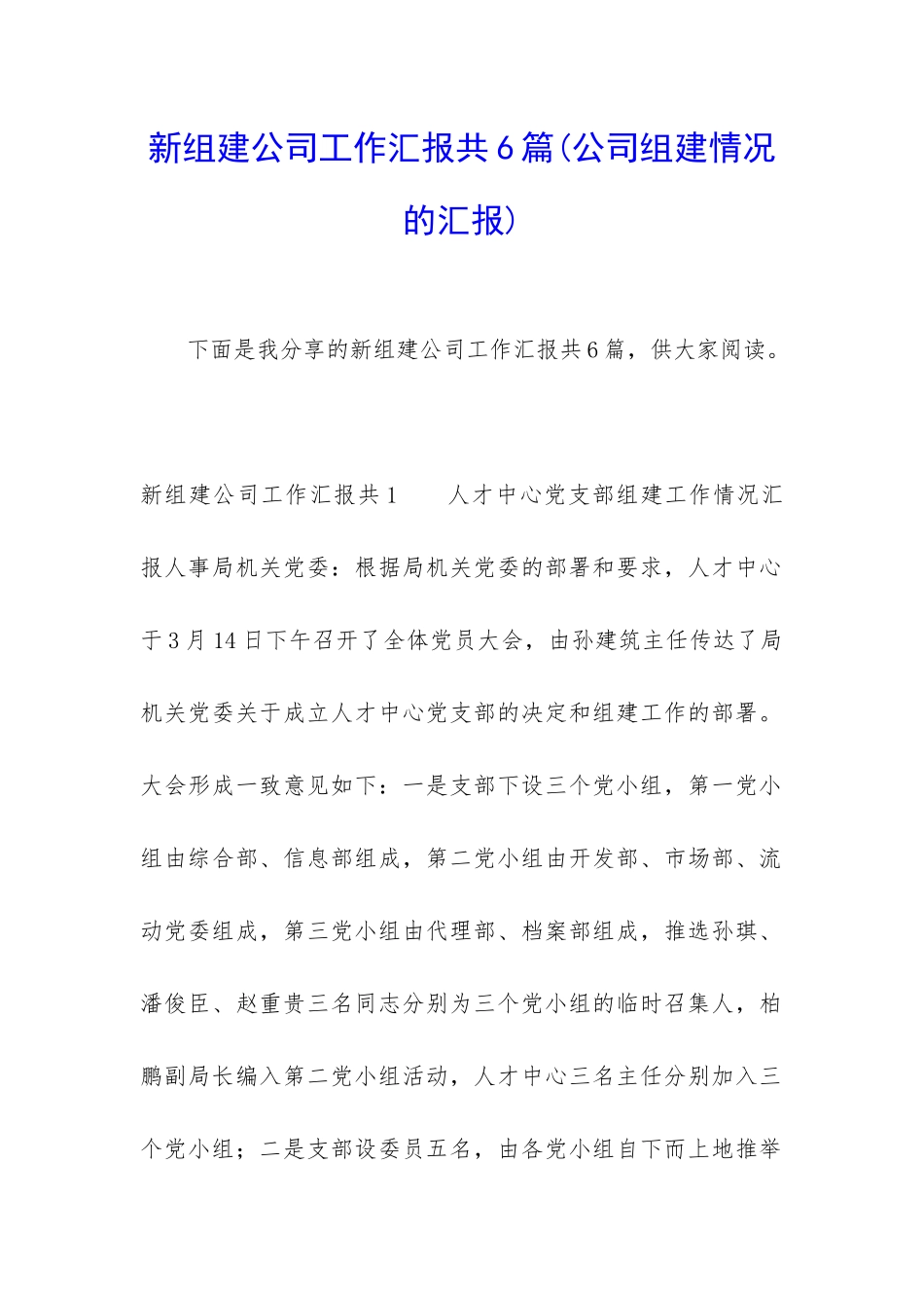 新组建公司工作汇报共6篇_第1页