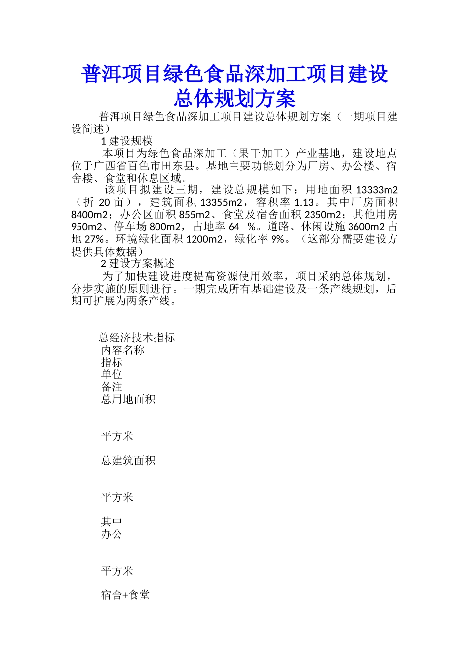 普洱项目绿色食品深加工项目建设总体规划方案_第1页