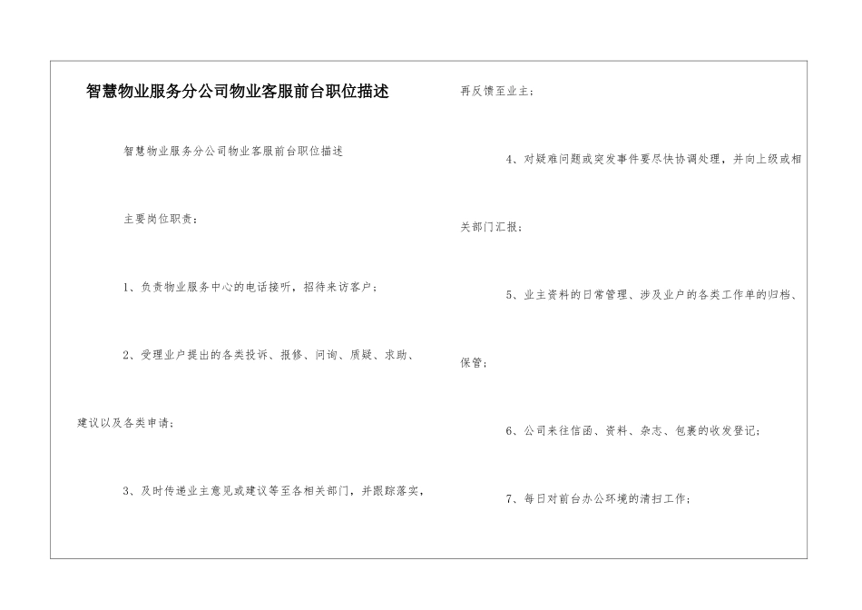 智慧物业服务分公司物业客服前台职位描述--_第1页