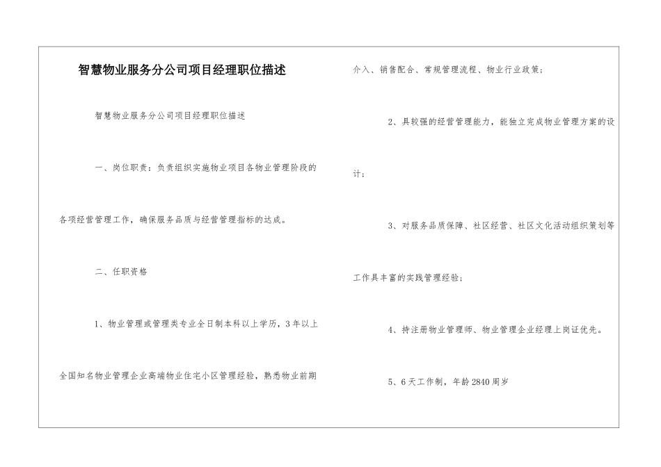 智慧物业服务分公司项目经理职位描述--_第1页