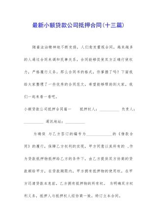 最新小额贷款公司抵押合同