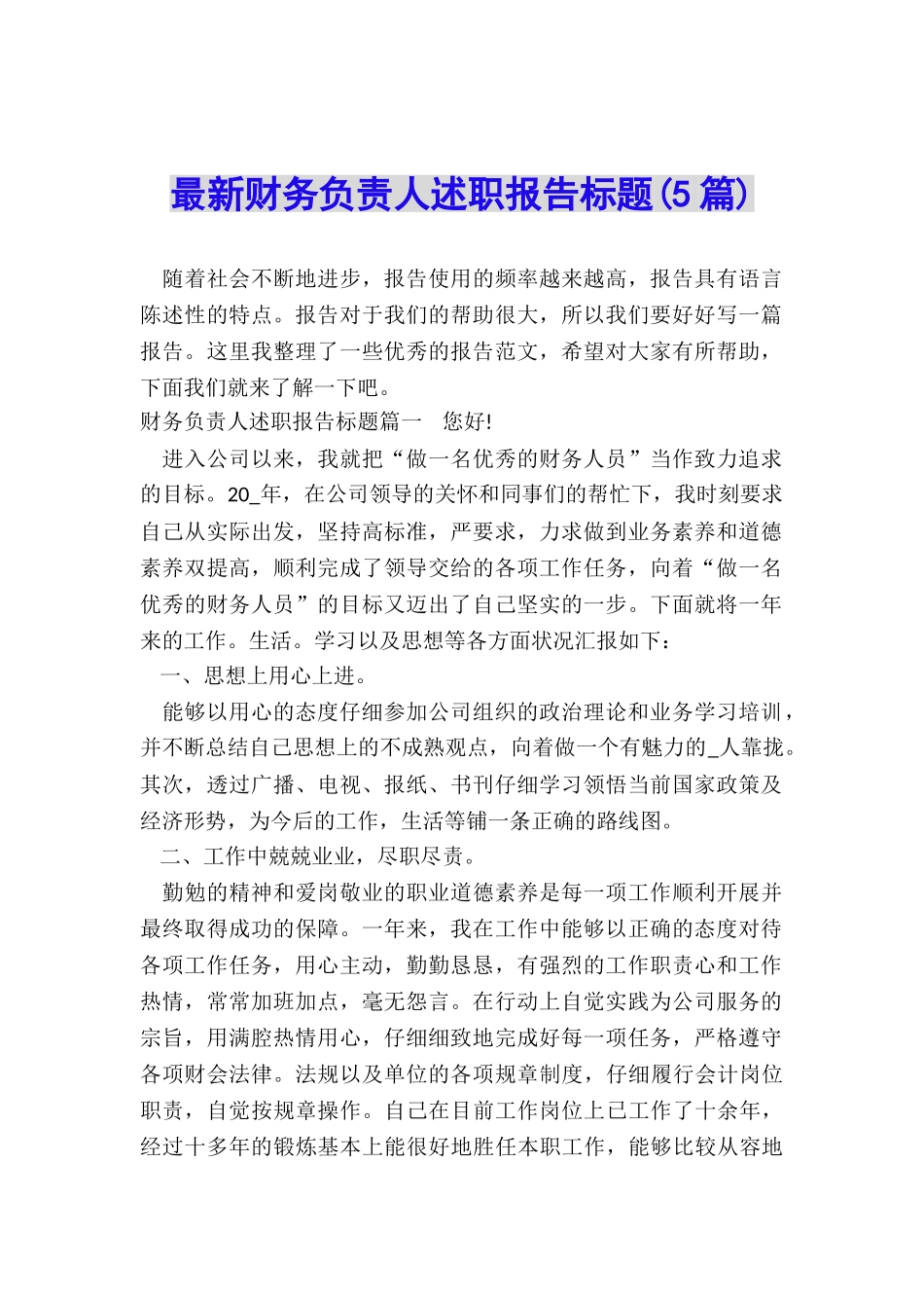 最新财务负责人述职报告标题_第1页