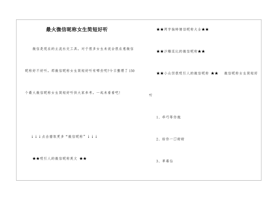 最火微信昵称女生简短好听_第1页