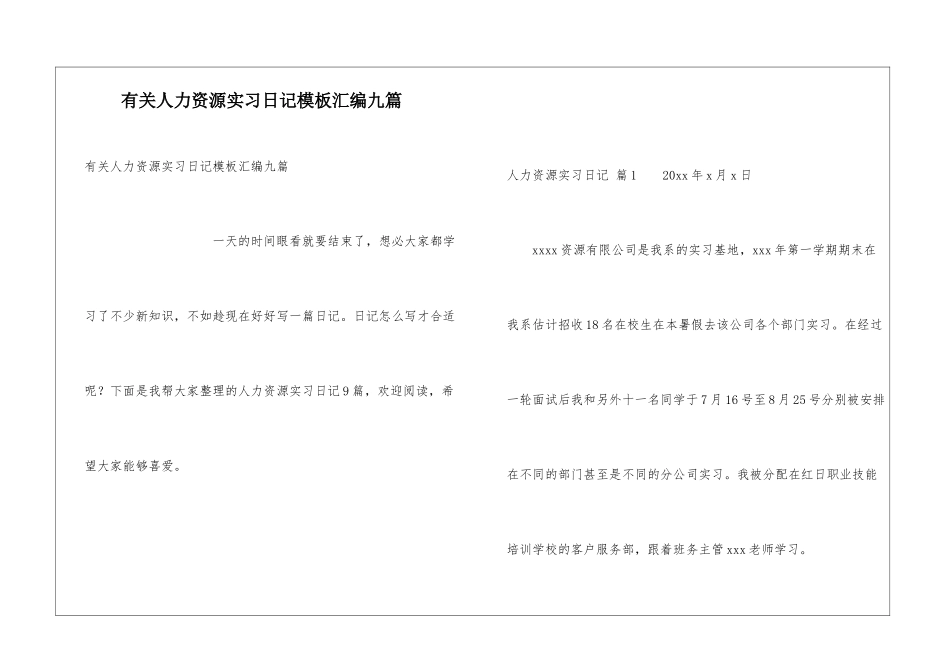 有关人力资源实习日记模板汇编九篇_第1页