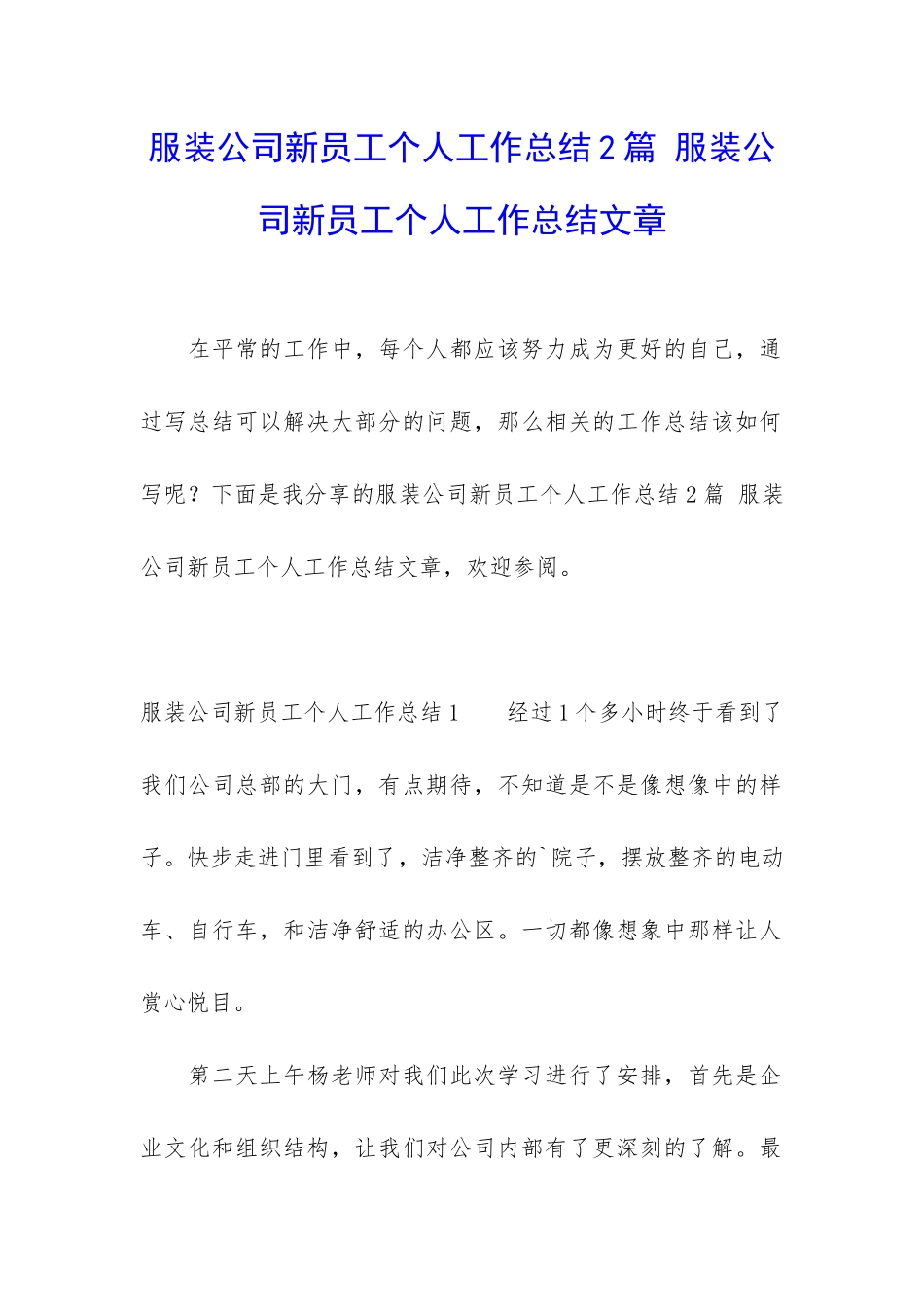 服装公司新员工个人工作总结2篇-服装公司新员工个人工作总结文章_第1页