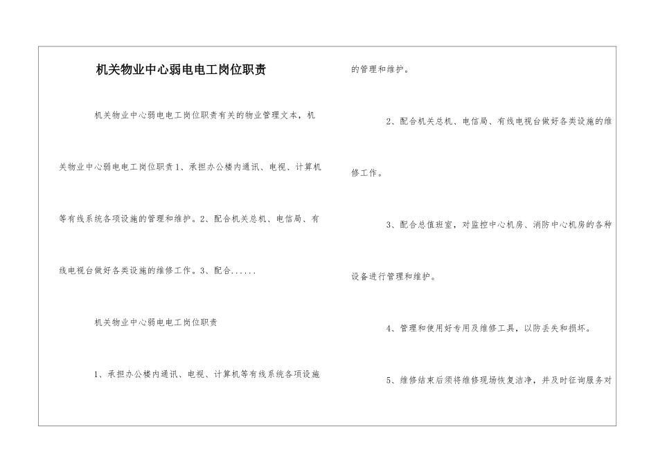 机关物业中心弱电电工岗位职责--_第1页