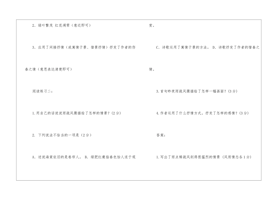 李清照《如梦令·昨夜雨疏风骤》阅读答案及赏析-_第2页