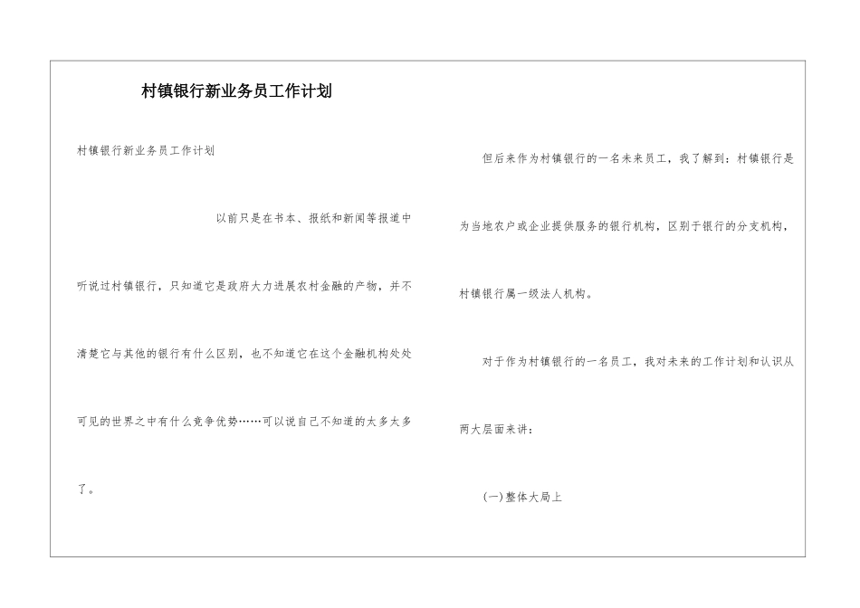 村镇银行新业务员工作计划_第1页