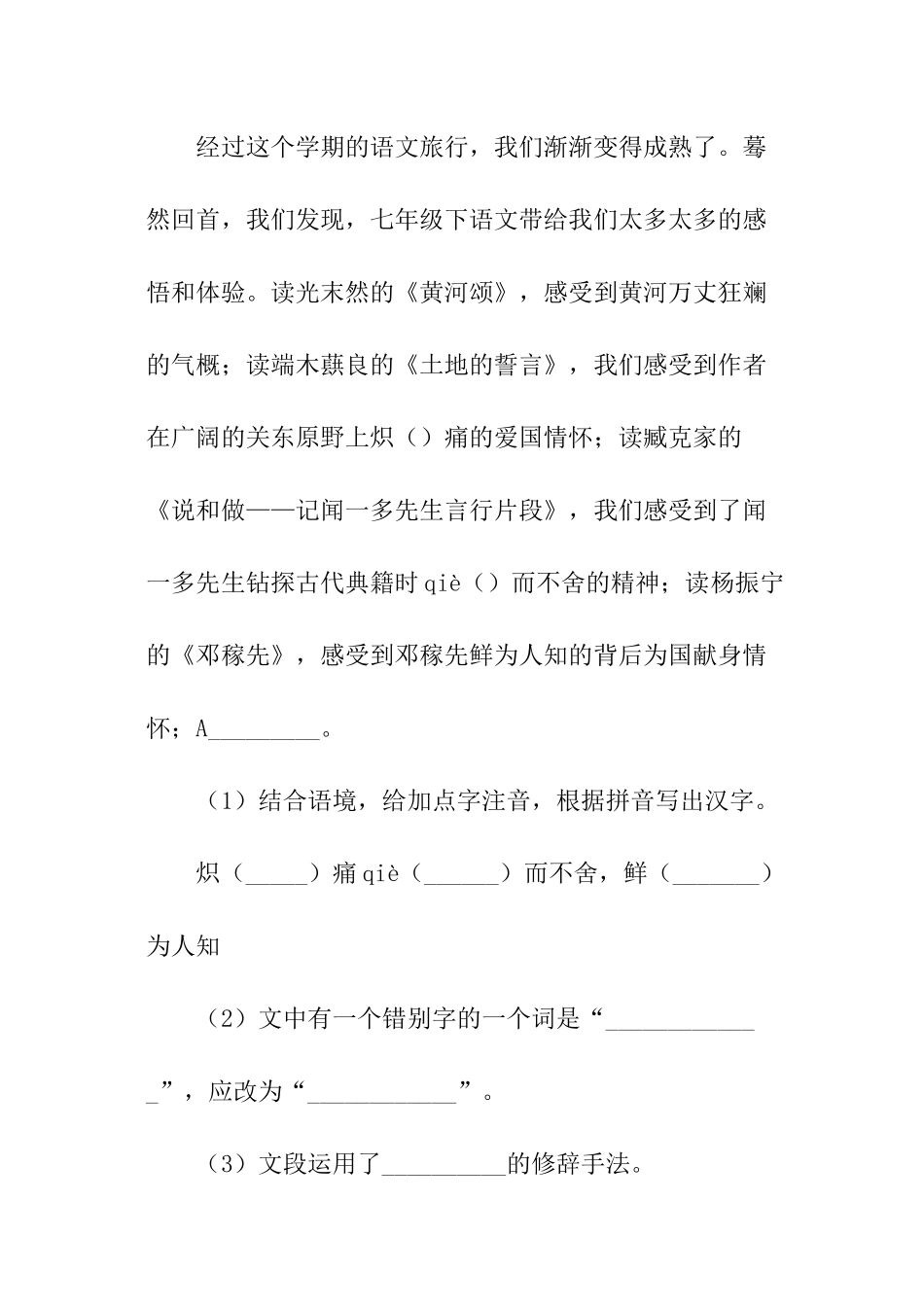 枞阳市七年级下学期末测试语文试卷_第2页