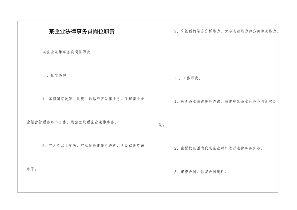某企业法律事务员岗位职责--_第1页
