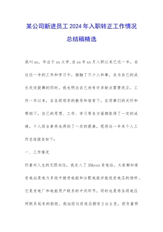 某公司新进员工2024年入职转正工作情况总结稿精选-