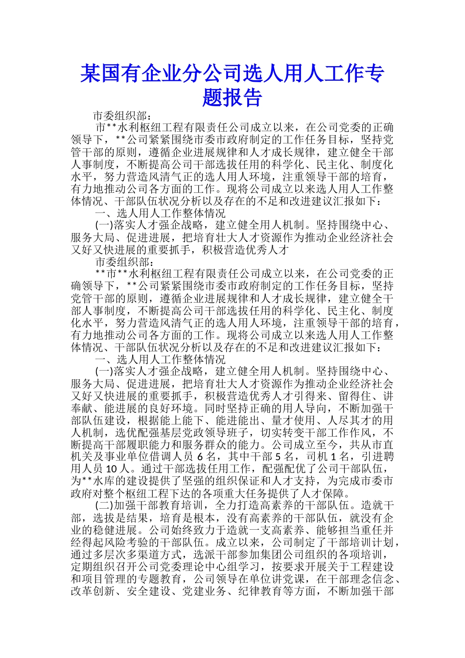 某国有企业分公司选人用人工作专题报告_第1页