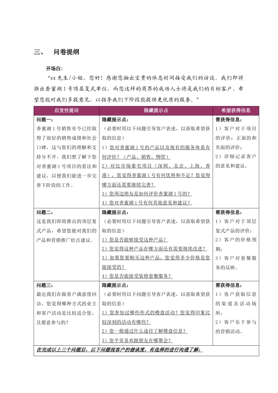 香蜜湖1号顶层复式客户访谈问卷提纲_第2页