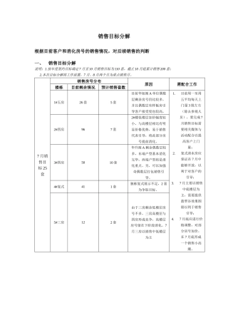香蜜湖1号下半年销售目标分解