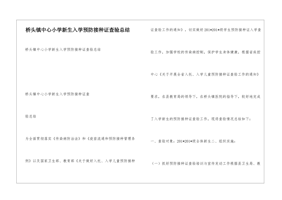 桥头镇中心小学新生入学预防接种证查验总结_第1页