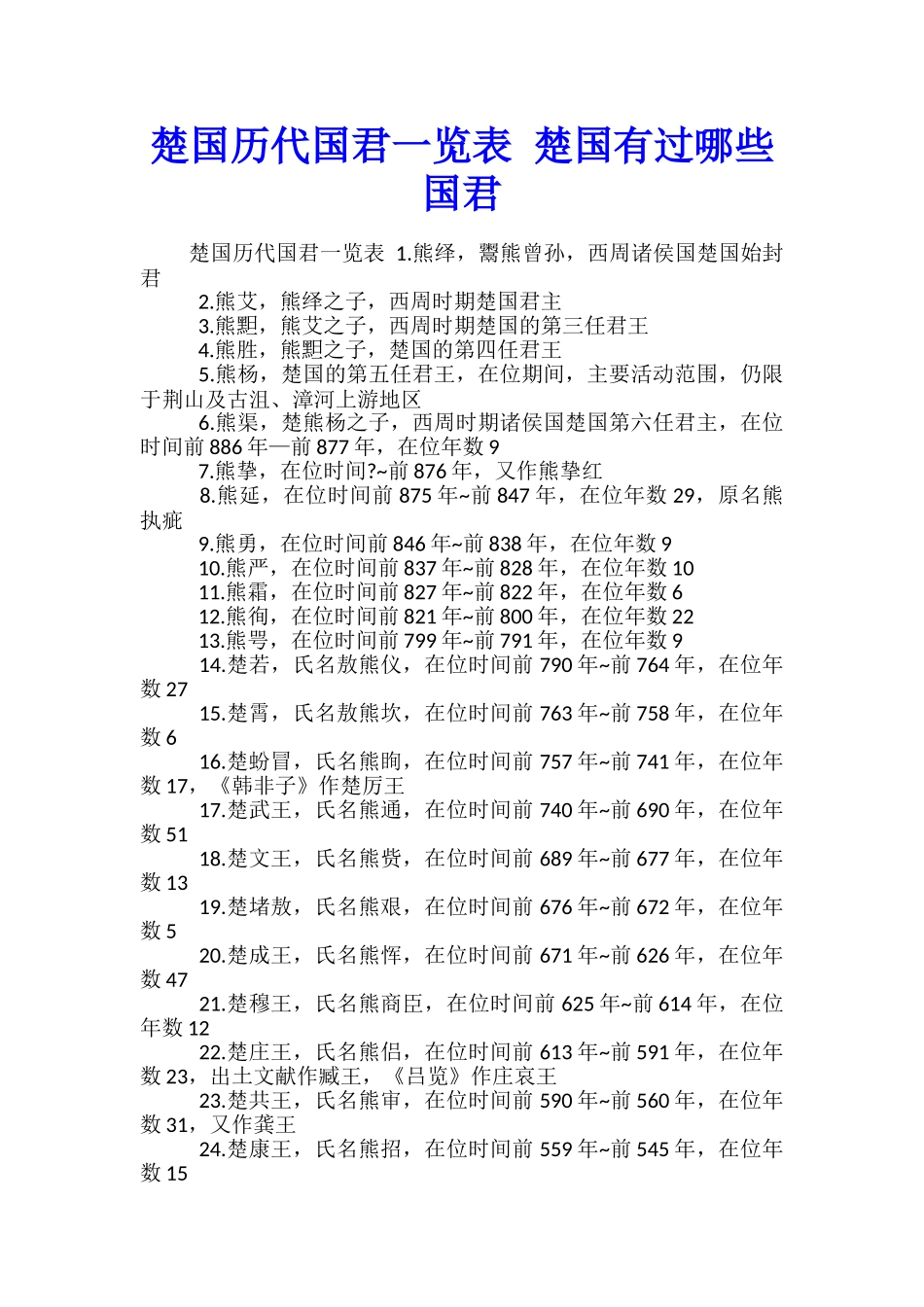 楚国历代国君一览表-楚国有过哪些国君_第1页