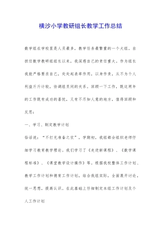 横沙小学教研组长教学工作总结-