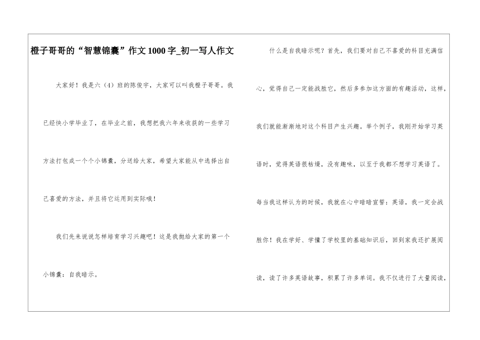 橙子哥哥的“智慧锦囊”作文1000字-初一写人作文_第1页