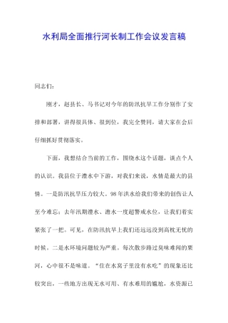 水利局全面推行河长制工作会议发言稿