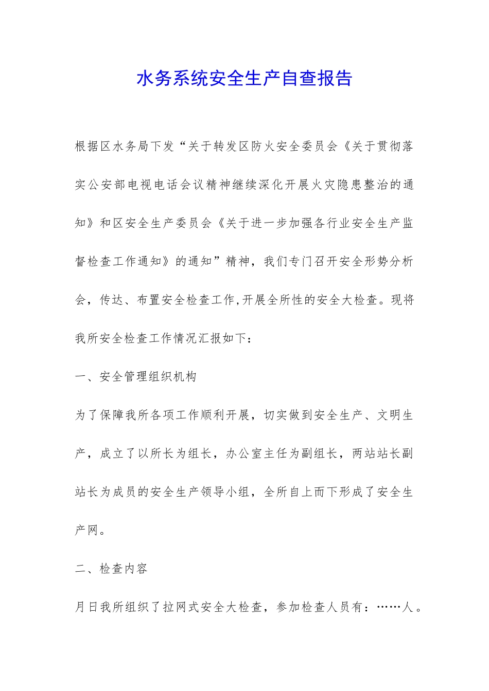 水务系统安全生产自查报告-_第1页