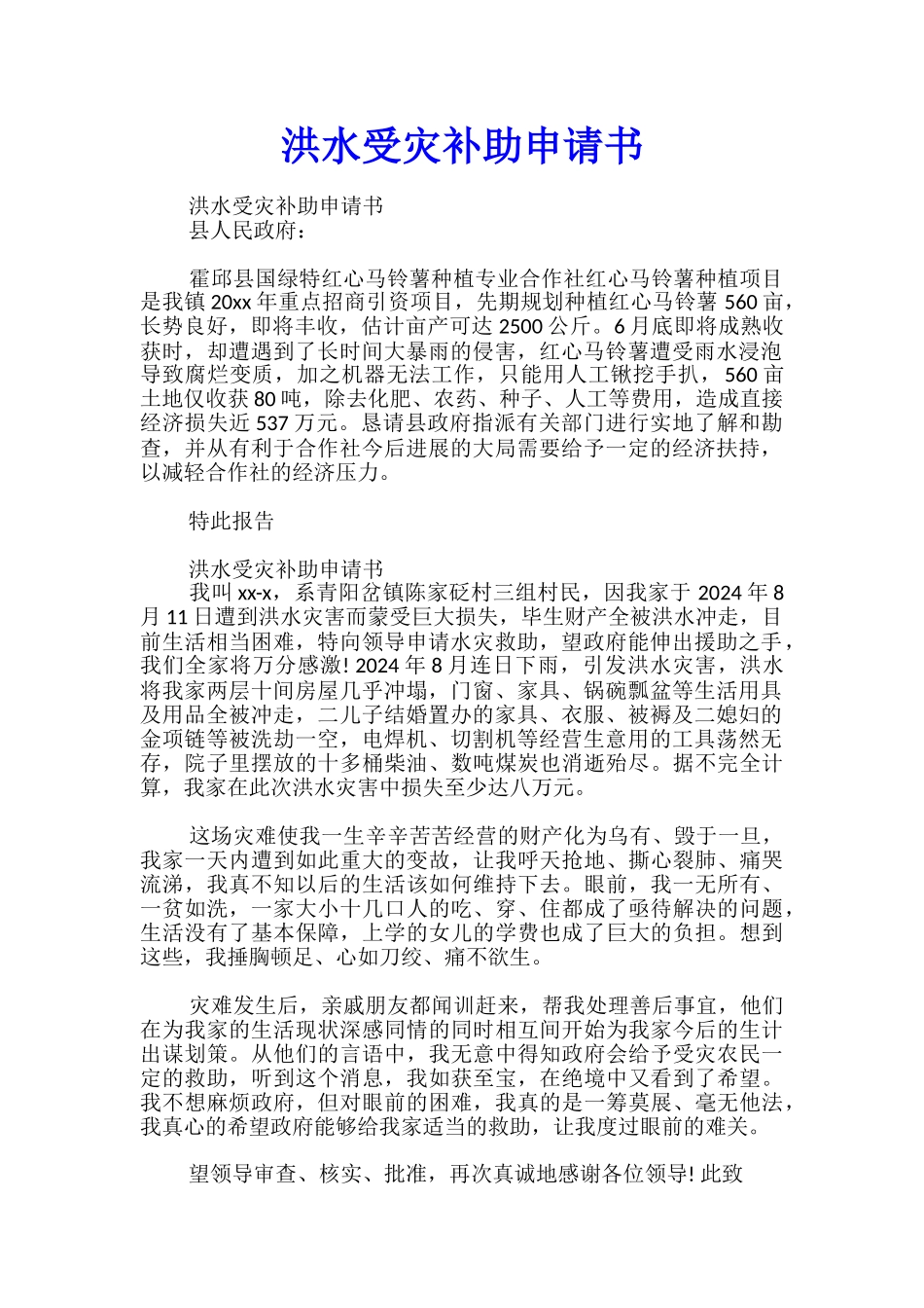 洪水受灾补助申请书_第1页