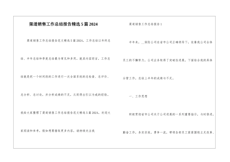渠道销售工作总结报告精选5篇2024_第1页