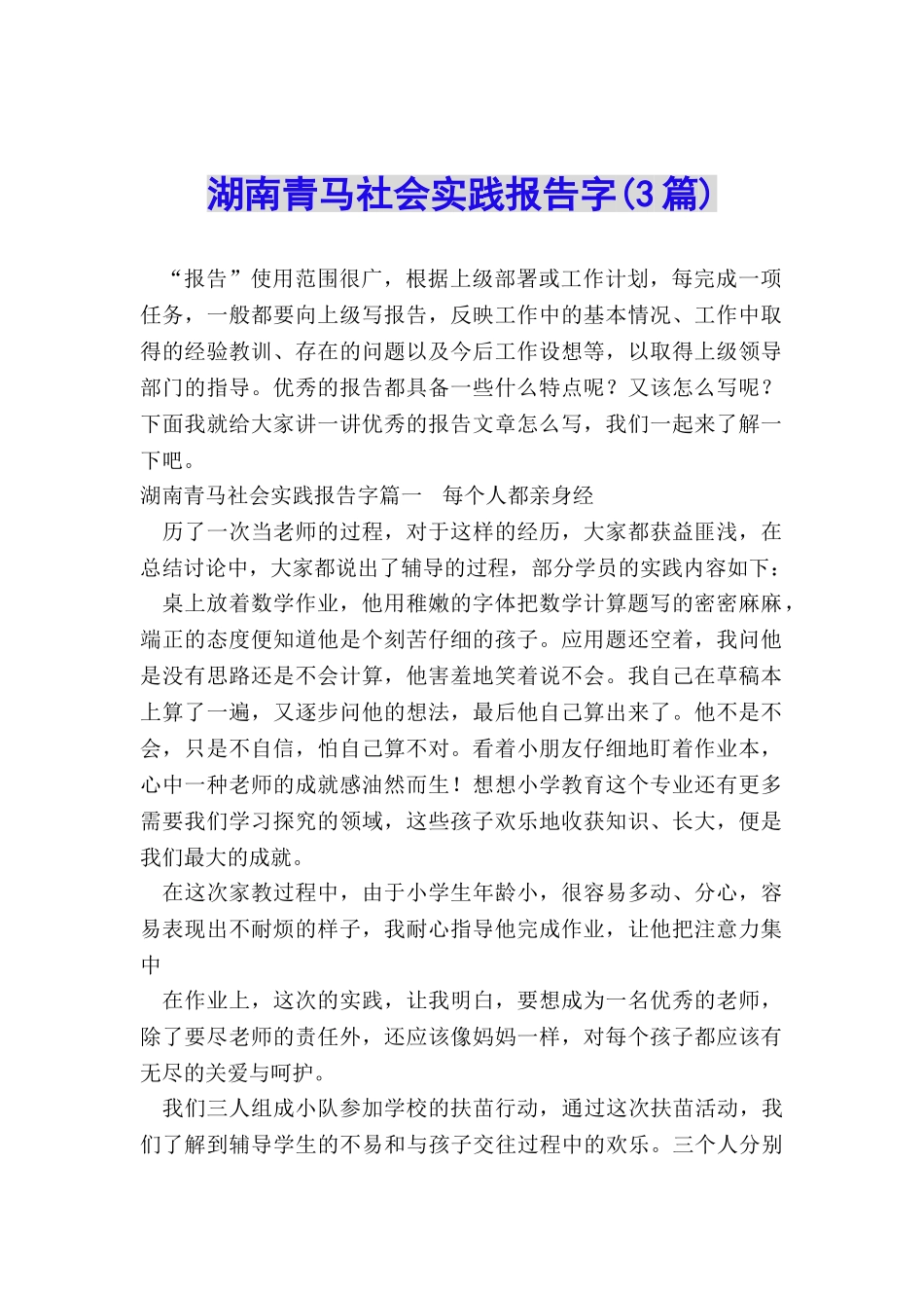湖南青马社会实践报告字_第1页