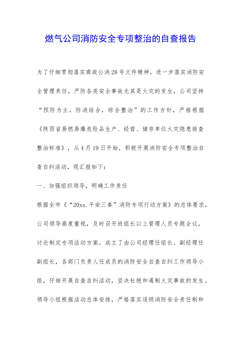 燃气公司消防安全专项整治的自查报告-_第1页